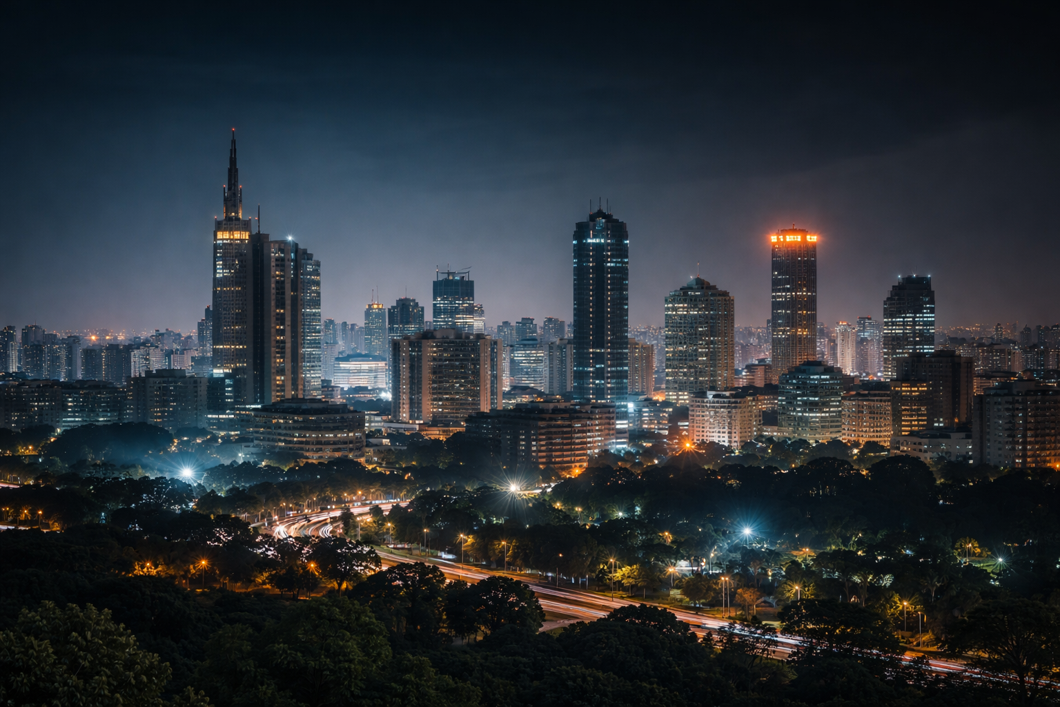 Modern city skyline at dusk